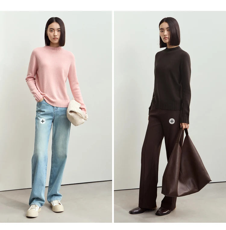 Damenpullover mit Stehkragen, langärmlig, lockerer Schnitt, Rosa und dunkelbraun
