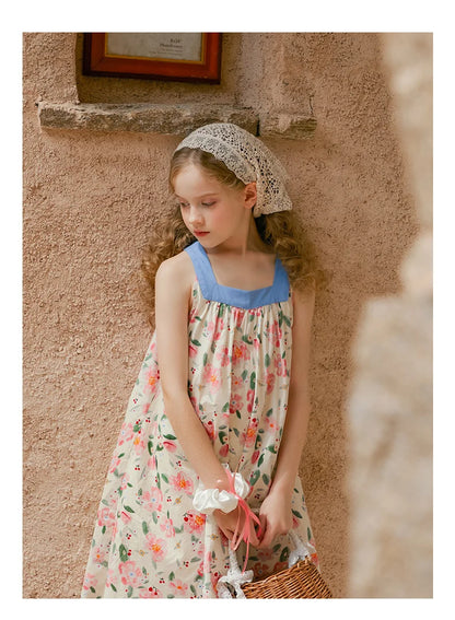 Sommerkleid für Mädchen aus 100% Baumwolle mit kurzen Ärmeln und niedlichem blauen Blumenmuster – geeignet für Kinder von 3 bis 14 Jahren (110cm-170cm)