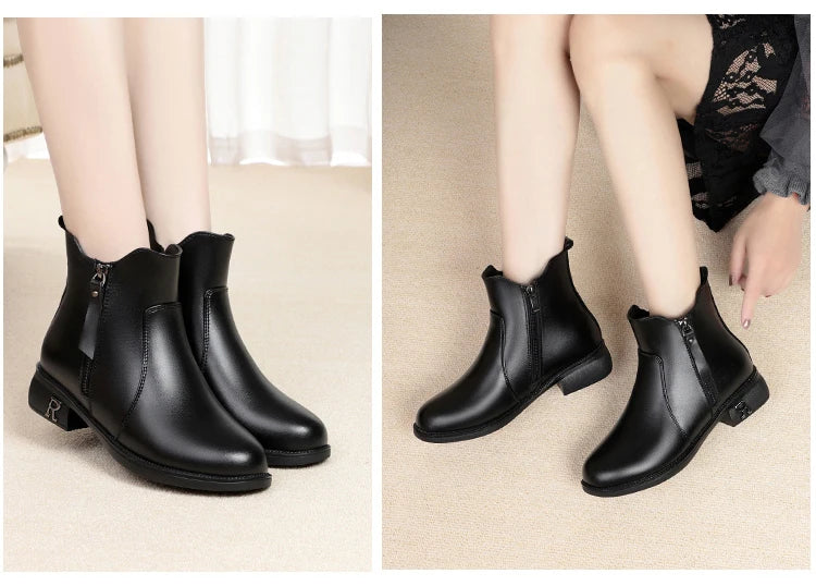 AIYUQI Stiefeletten schwarz, zwei Ansichten, kurzer Schaft, Reißverschluss, Blockabsatz