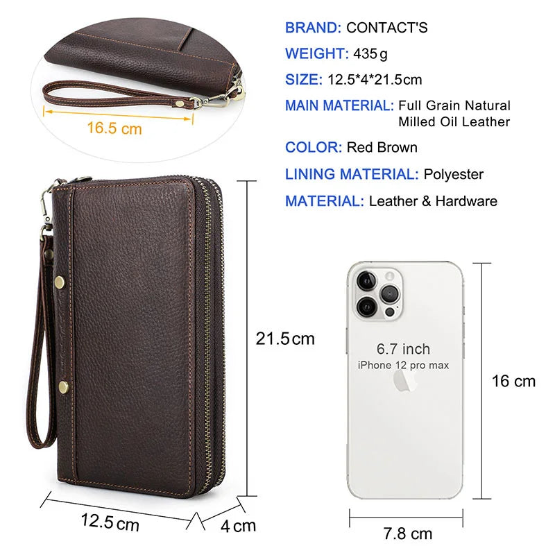 Braune Echtleder-Clutch mit Reißverschluss, Vorderansicht; Maße und Handyfach-Übersicht