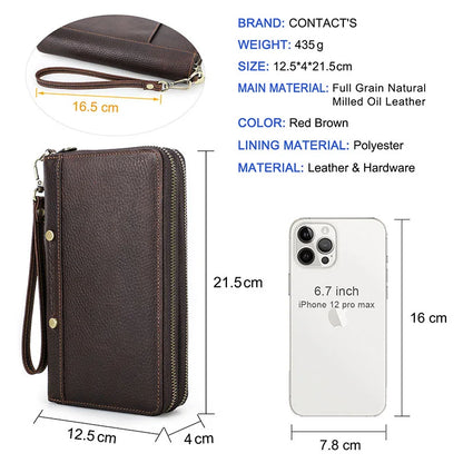 Braune Echtleder-Clutch mit Reißverschluss, Vorderansicht; Maße und Handyfach-Übersicht