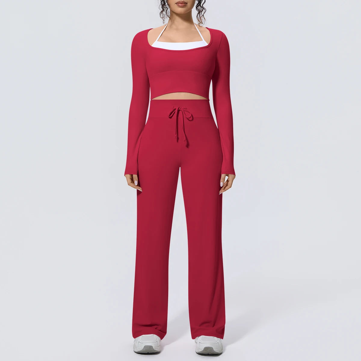 Rotes Yoga-Set mit langarmigem Crop-Top und weitem Hosenbein, Taillenbindung mit Kordel