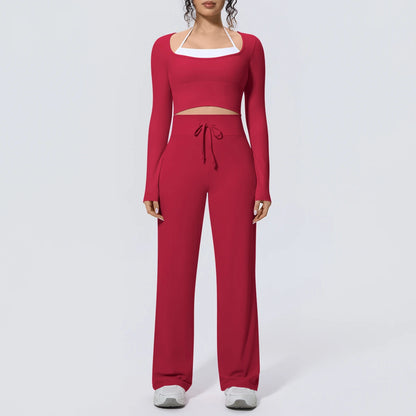 Rotes Yoga-Set mit langarmigem Crop-Top und weitem Hosenbein, Taillenbindung mit Kordel