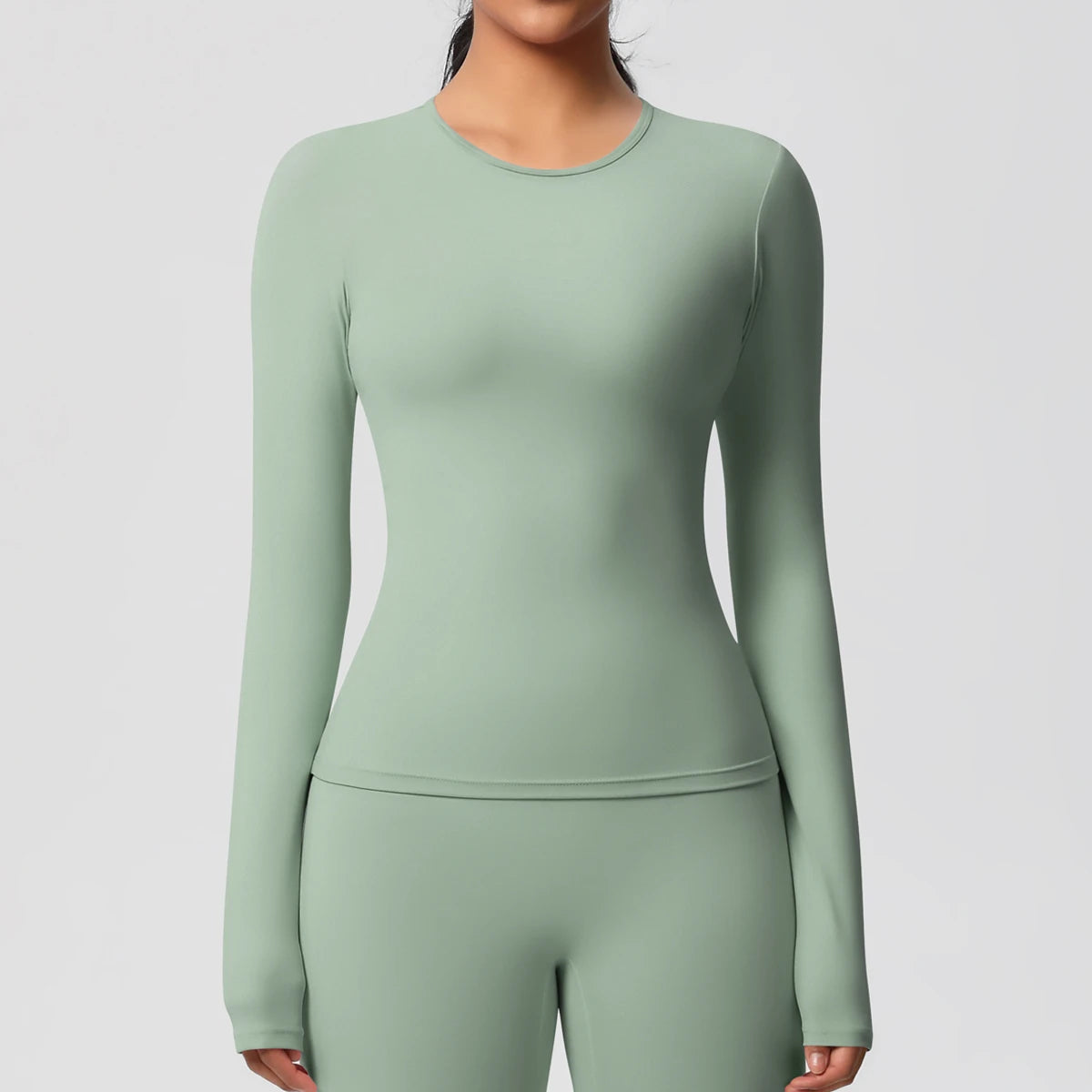 Damen-Langarm-Workout-Top mint, eng anliegend, Rundhalsausschnitt, lange Ärmel