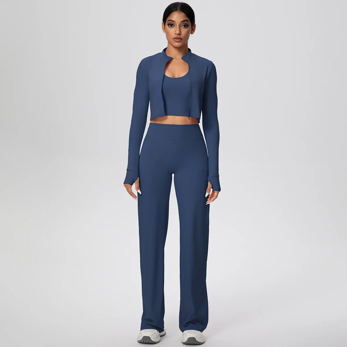 Damen Yoga-Set: langarmiges Crop-Top und weite Hose, navyblau (vorne)