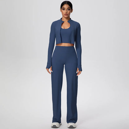 Damen Yoga-Set: langarmiges Crop-Top und weite Hose, navyblau (vorne)