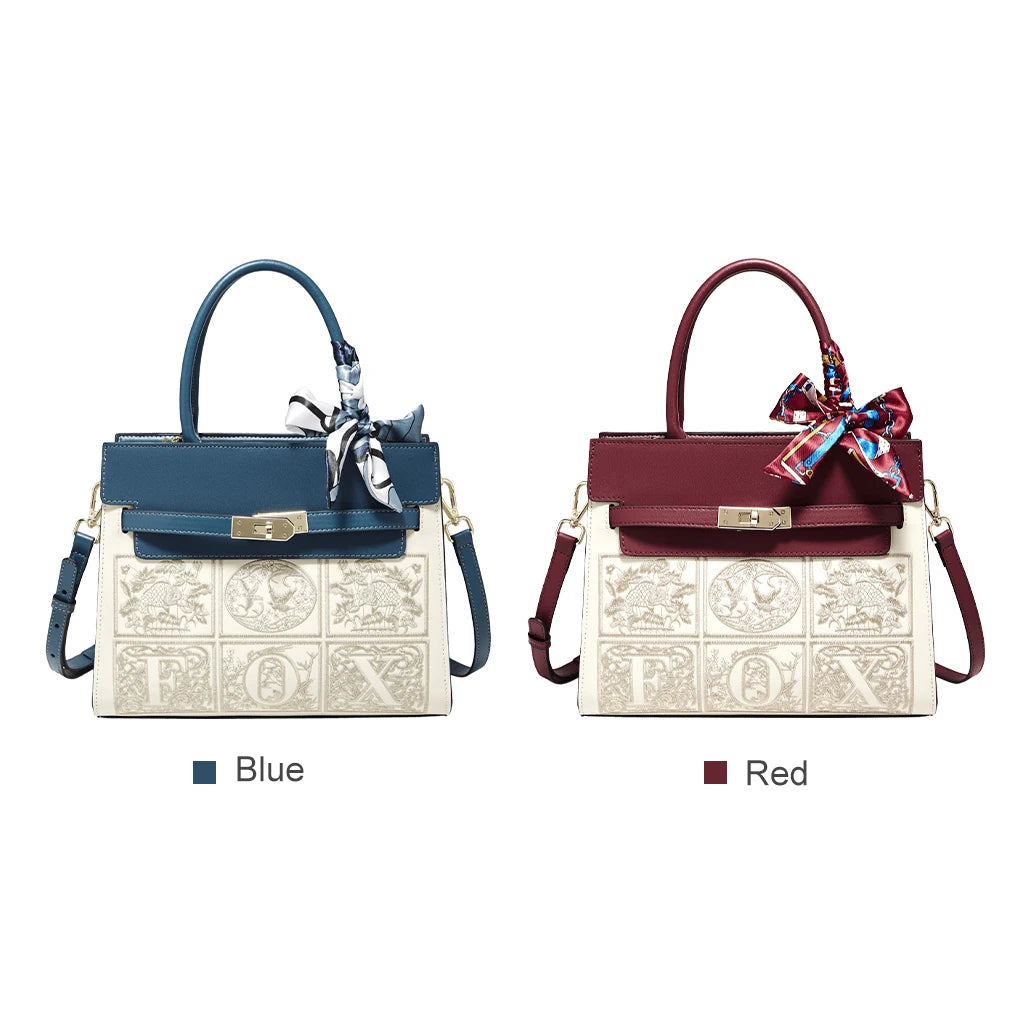 Damen Schultertasche aus Splitleder mit Stickerei im chinesischen Stil