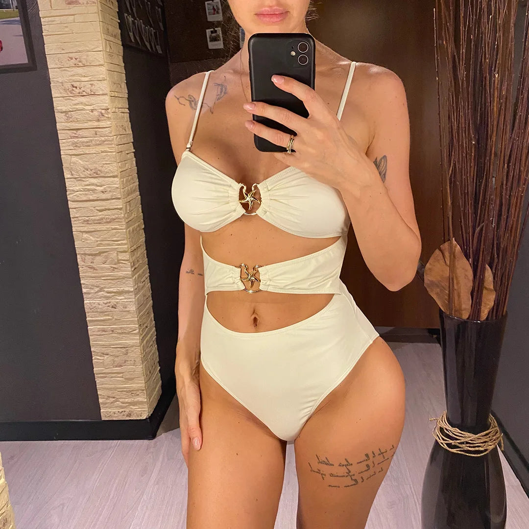 Damen Badeanzug Sarong Cut-Out Metallring verknotet hoher Beinausschnitt Monokini