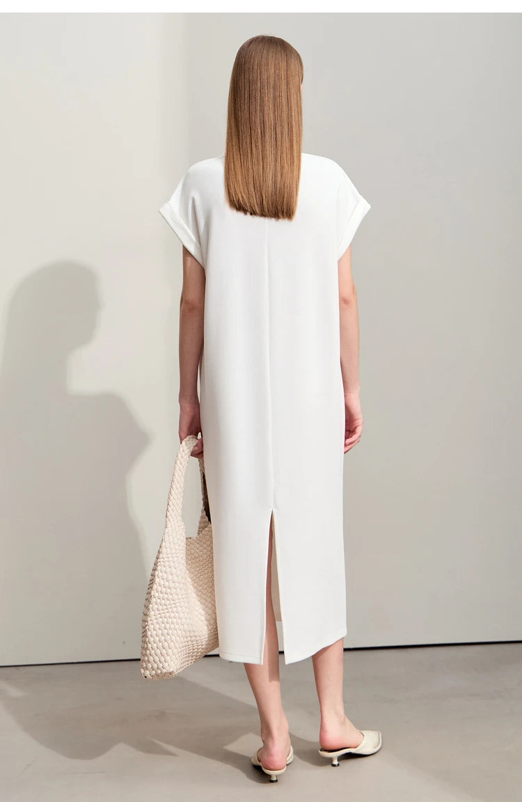Damen Kleid für Sommer neue lässige O-Ausschnitt Kurzarm Midi gerade Perlen Stickerei Kleid Dame