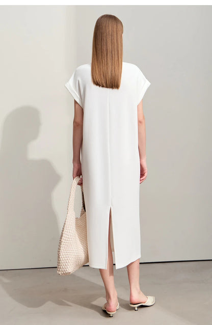 Damen Kleid für Sommer neue lässige O-Ausschnitt Kurzarm Midi gerade Perlen Stickerei Kleid Dame