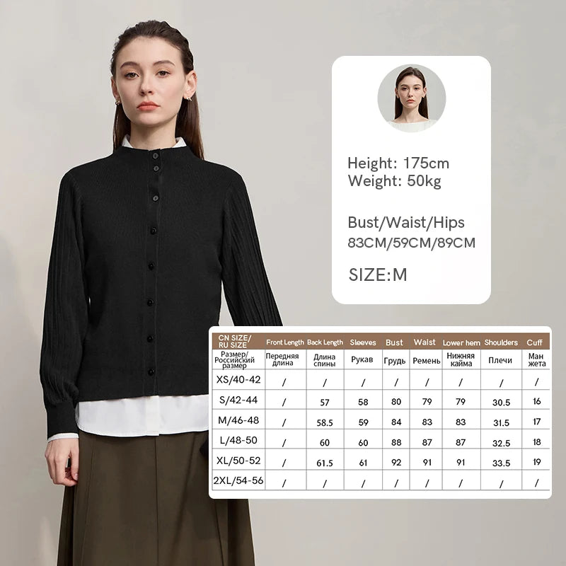 Damen-Strickjacke Slim halbhoher Kragen Laternenärmel Wolle-Mix Herbst