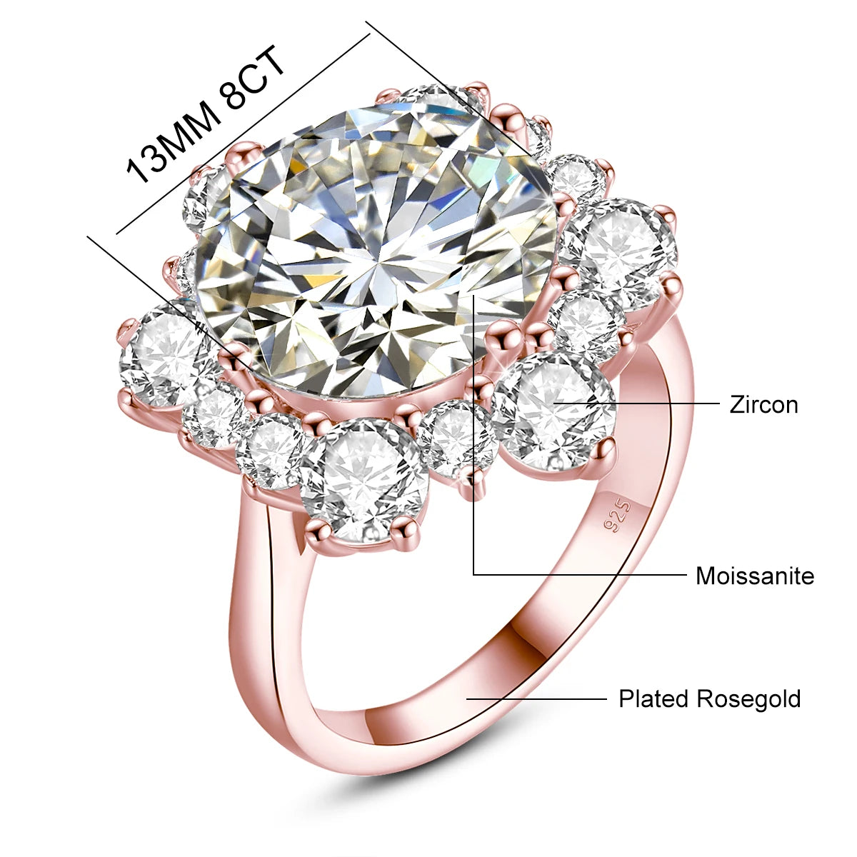 Damen-Ring Moissanit 8ct Rundschliff 13mm Zertifiziert für Verlobung oder Hochzeit