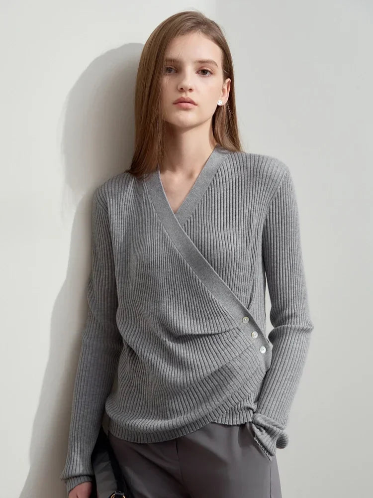 Damen V-Ausschnitt Pullover plissiert Muschelschnalle Wolle Herbst