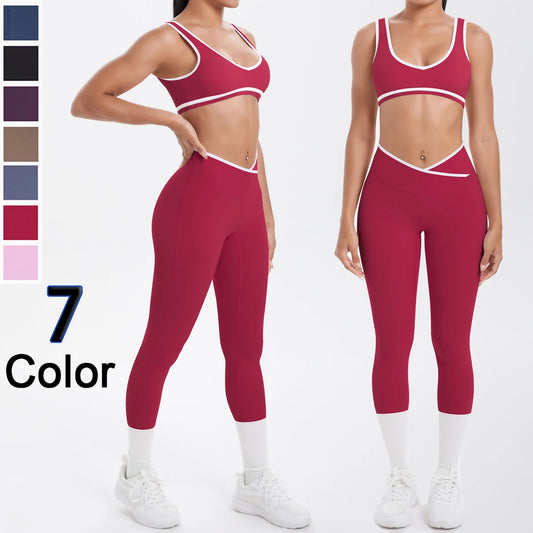Dunkelrotes Damen-Yoga-Set mit Push-up-BH und 3/4-Leggings, weißes Zierband