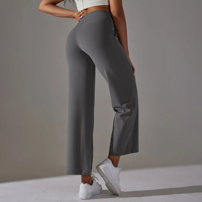 Damen-Leggings mit weitem Bein, hoher Taille und Taschen; dunkelgrau, Seitenansicht
