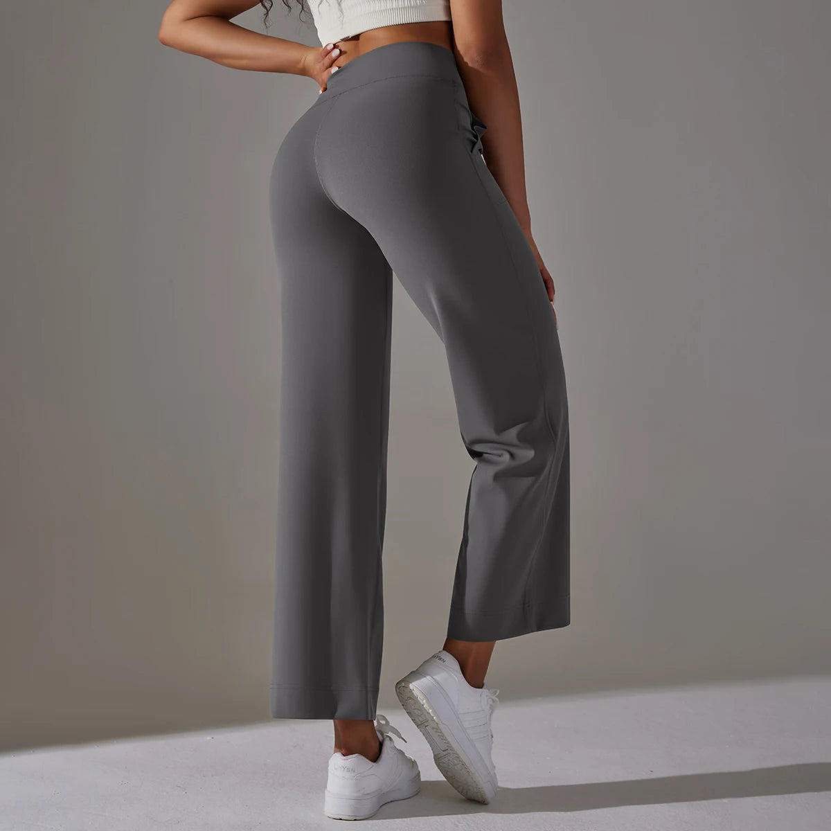 Damen-Leggings mit weitem Bein, hoher Taille, Taschen, dunkelgrau, seitliche Ansicht