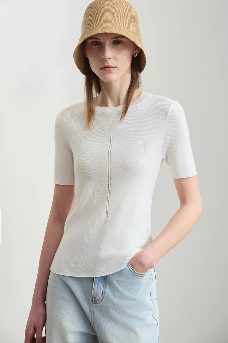 Damen-Rundhalspullover Lyocell Slim Kurzarm figurschmeichelnd Sommer