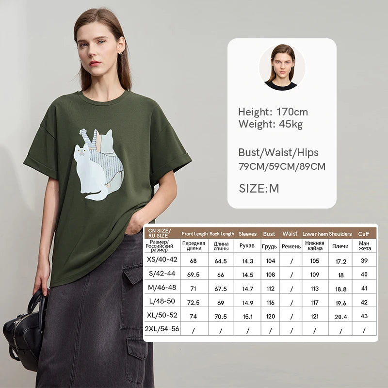 Damen Top im minimalistischen Stil mit O-Ausschnitt und bedrucktem Design