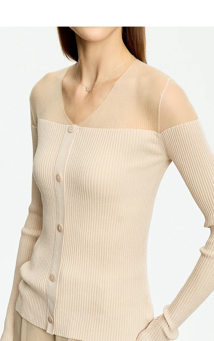 Damen V-Ausschnitt Pullover Viskose Mesh Organza Slim Frühling