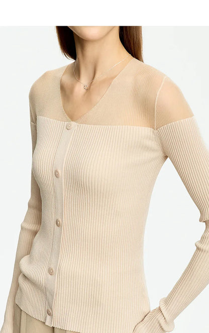 Damen V-Ausschnitt Pullover Viskose Mesh Organza Slim Frühling