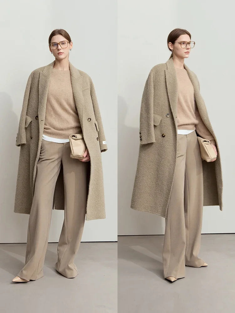 Damen Wollmantel im Minimalismus-Stil mit zwei Reihen und Taschen
