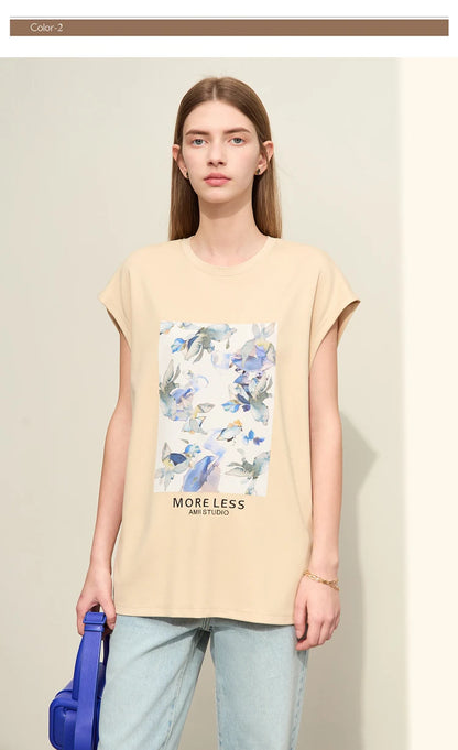 Damen T-Shirts im Minimalismus-Stil mit lässigem O-Neck und Blumen-Druck