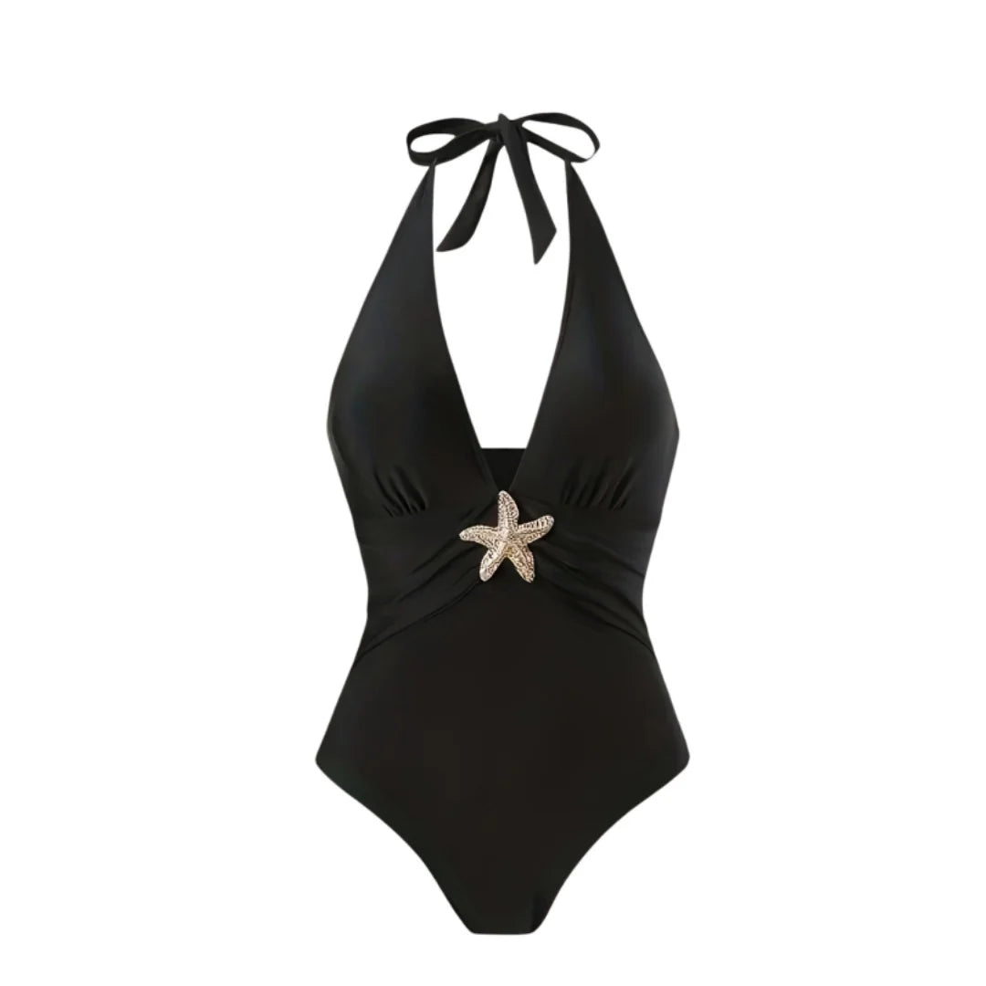 Damen Badeanzug Rock tiefer V-Ausschnitt Neckholder Seestern gepolstert Einteiler