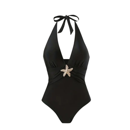 Damen Badeanzug Rock tiefer V-Ausschnitt Neckholder Seestern gepolstert Einteiler