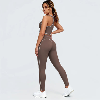 Yoga-Set in Braun: Sport-BH mit Brustpolstern, Leggings mit Kontraststreifen