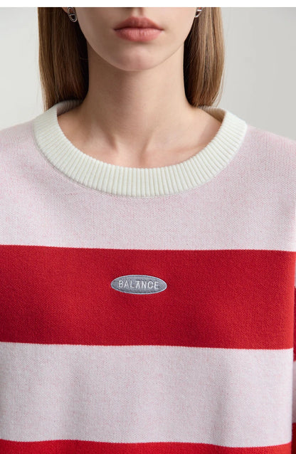 Strickpullover mit Streifen, rot/weiß, runder Ausschnitt und besticktes Label „BALANCE“