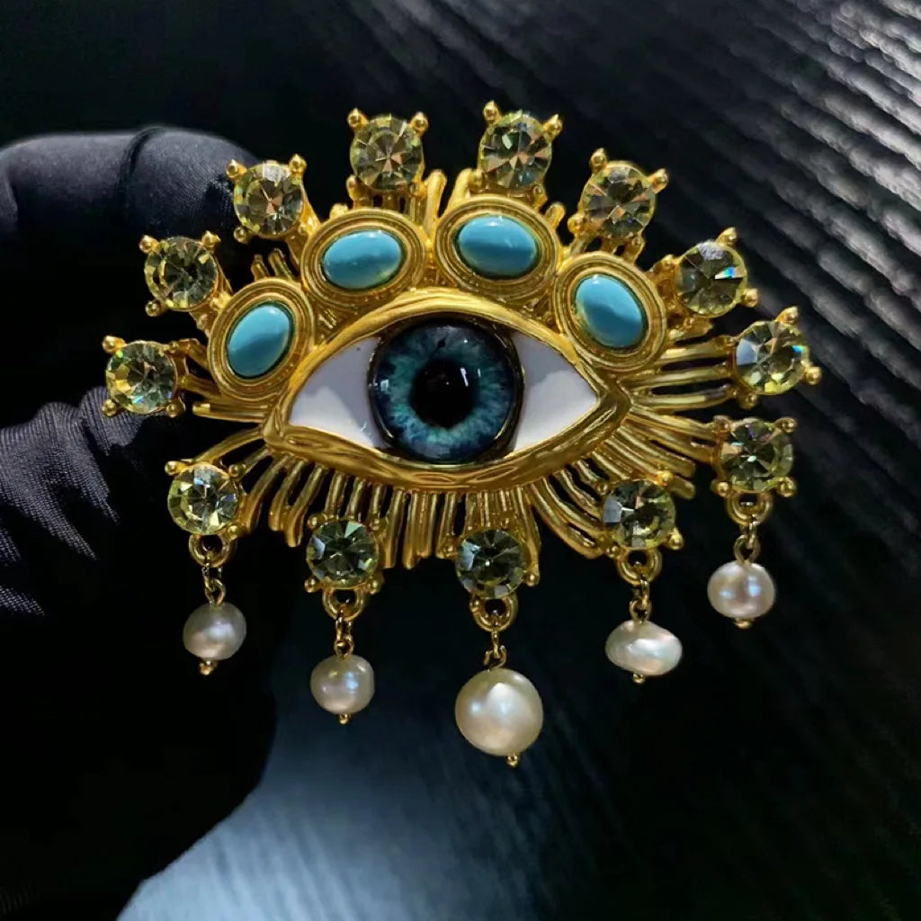 Brosche Emaille Kristall Auge Anhänger Perle Palast Vintage Unisex