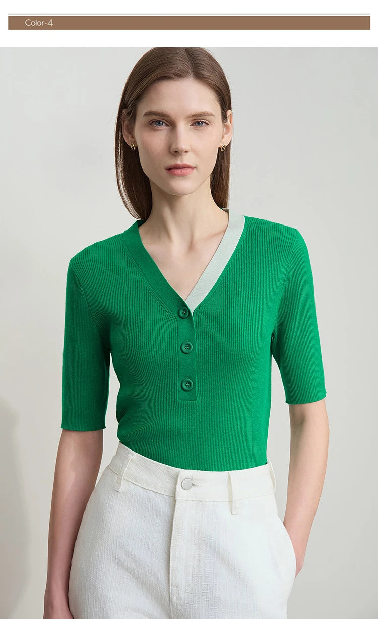 Grüner Damen-Strickpullover mit V-Ausschnitt, Knopfleiste und halben Ärmeln