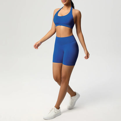 Damen-Fitnessset mit nahtlosem Sport-BH und Laufshorts, blau