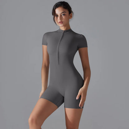 Yoga-Bodysuit, grau, kurzärmelig, Reißverschluss vorn, eng anliegender Schnitt