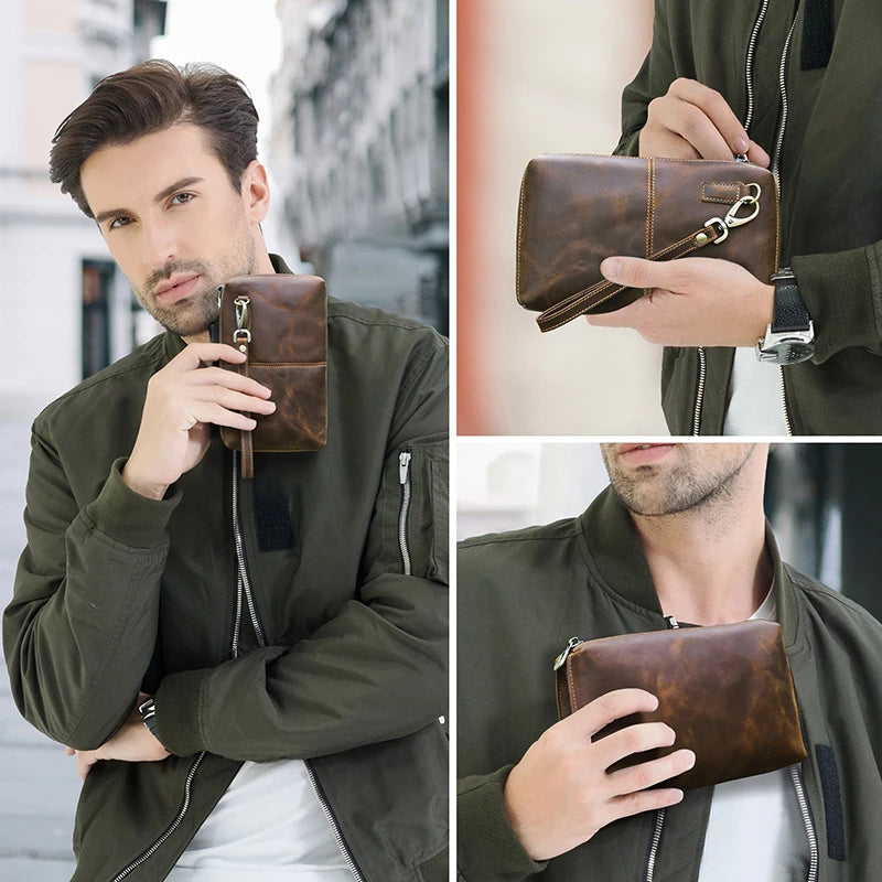 Braune Leder-Clutch für Herren mit Trageschlaufe und Reißverschluss