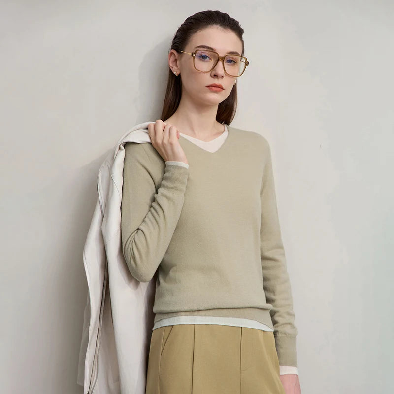 Damen V-Ausschnitt Pullover 100 % Wolle vielseitig Langarm Herbst