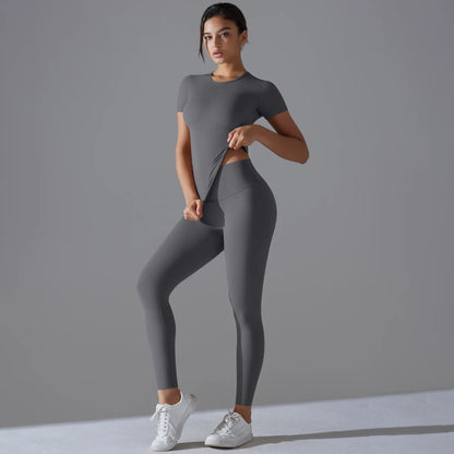 Damen-Gym-Set: Kurzarmshirt und Leggings, silbergrau