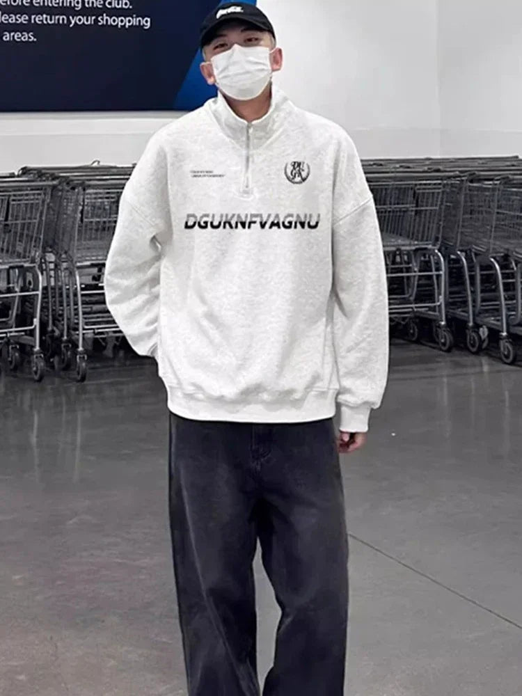 2025, neue Herren-Sweatshirts mit Buchstaben-Aufdruck, halber Reißverschluss, Vintage-Pullover mit Polo-Ausschnitt, Hoodies, Y2K-Streetwear, langärmelig, Sudaredaras