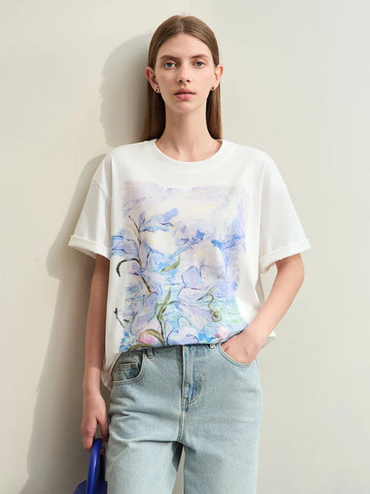 Damen T-Shirt im Minimalismus-Stil mit Kunstöl-Farbdruck für den Sommer