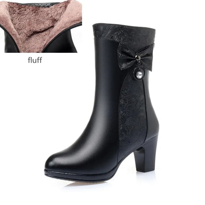AIYUQI Winter Boots Women Wool Keep Warm 2025 New Genuine Leather Shoes Woman Boots Fashion Bow Female Fashion Boots Thick Heel