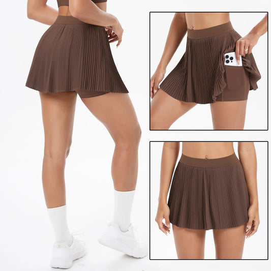 Schnelltrocknender Laufrock mit Tasche, braun, plissiert, kurzer Schnitt mit Bund