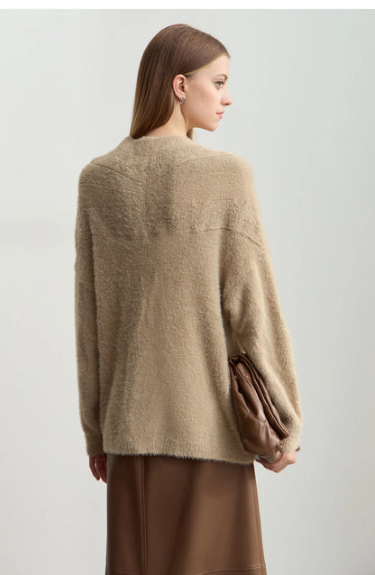 Damen-Strickjacke V-Ausschnitt Nerz-Imitat locker dick Winter