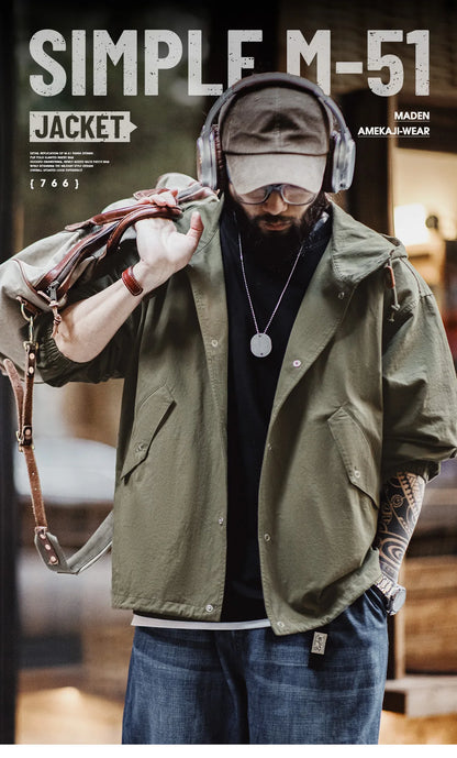 Herren Kapuzenjacke Vintage Grün Lockere Taschen Versteckte Knopfleiste