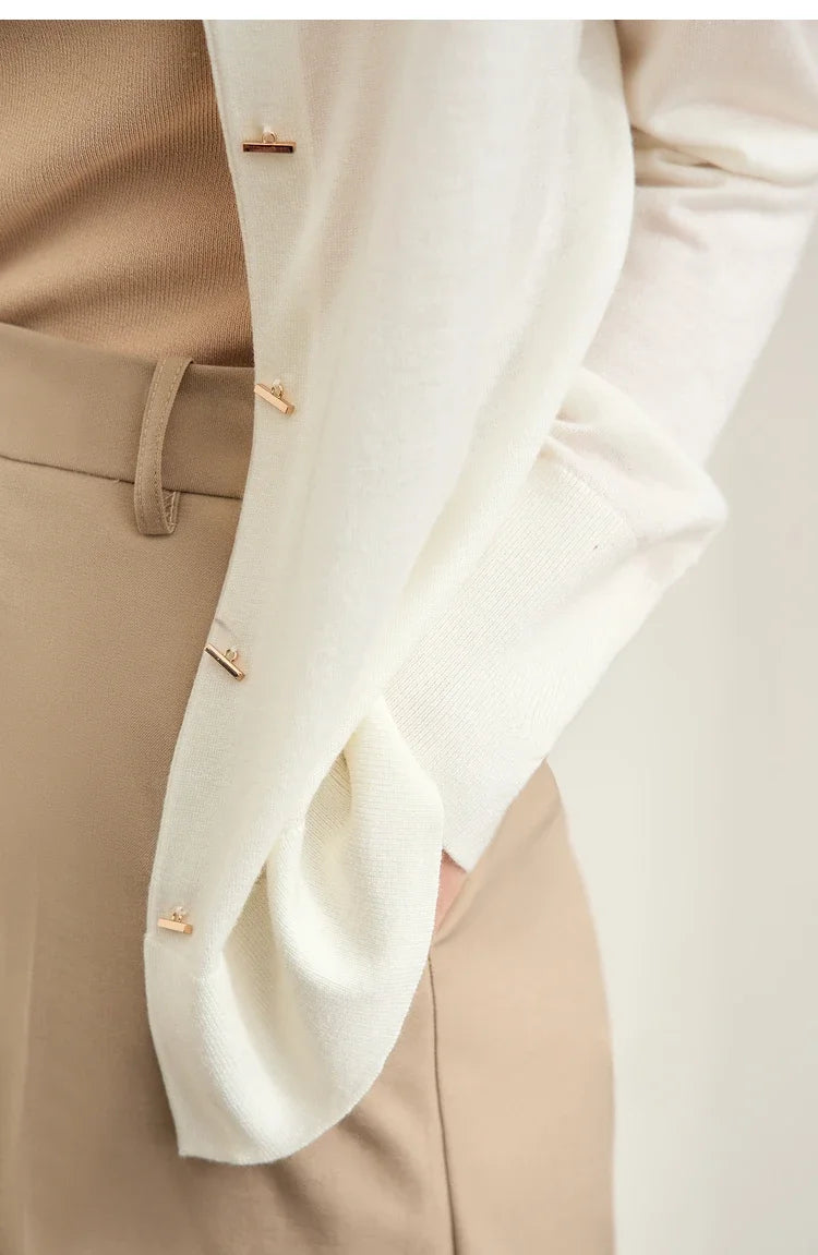 Damen-Strickjacke Rundhals Wolle Metallknopf dünn Büro Herbst