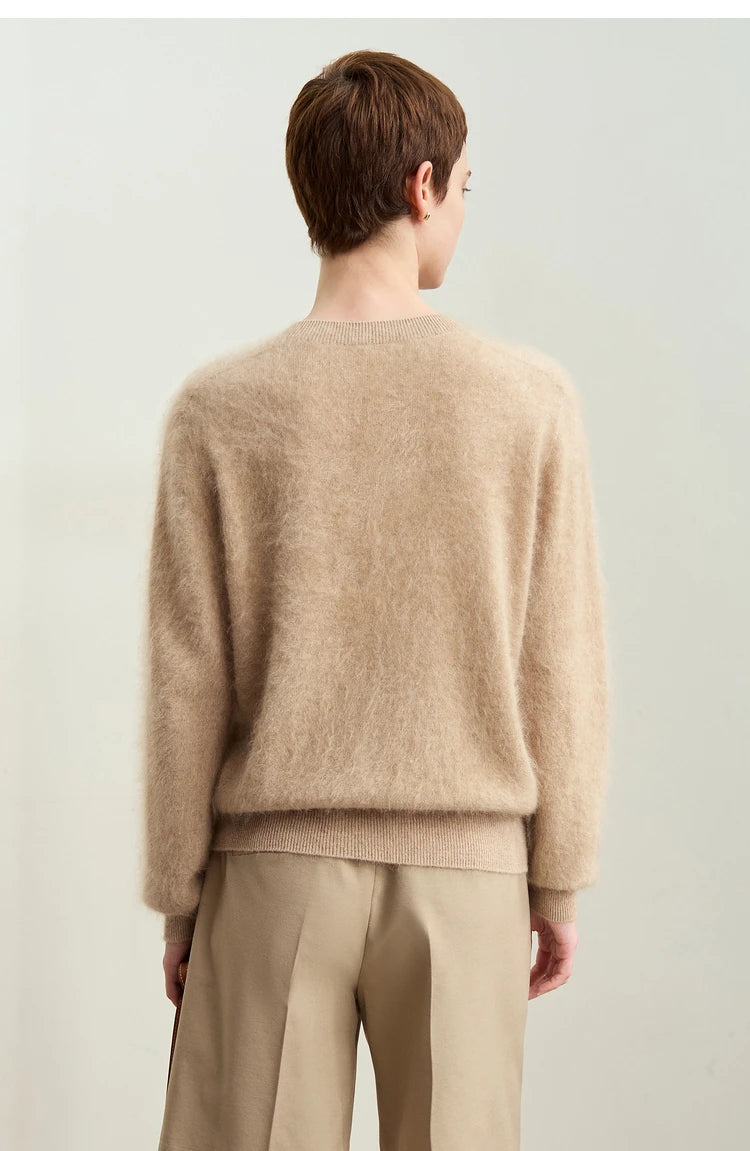 Damenpullover Rückansicht, O-Ausschnitt, lockerer Strick, lange Ärmel, beige