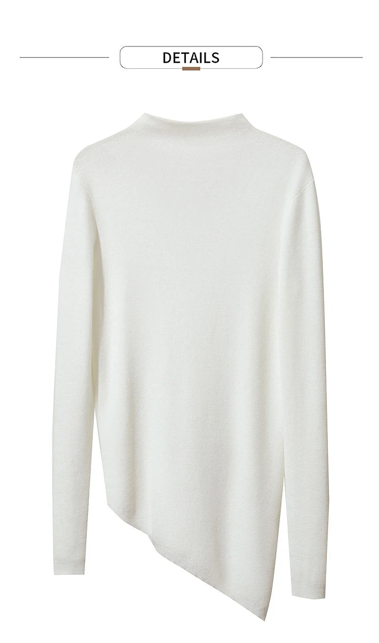 Damenpullover mit Halbrollkragen, weiß, langarm, asymmetrischer Saum, schmaler Schnitt