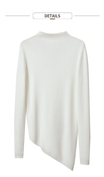 Damenpullover mit Halbrollkragen, weiß, langarm, asymmetrischer Saum, schmaler Schnitt