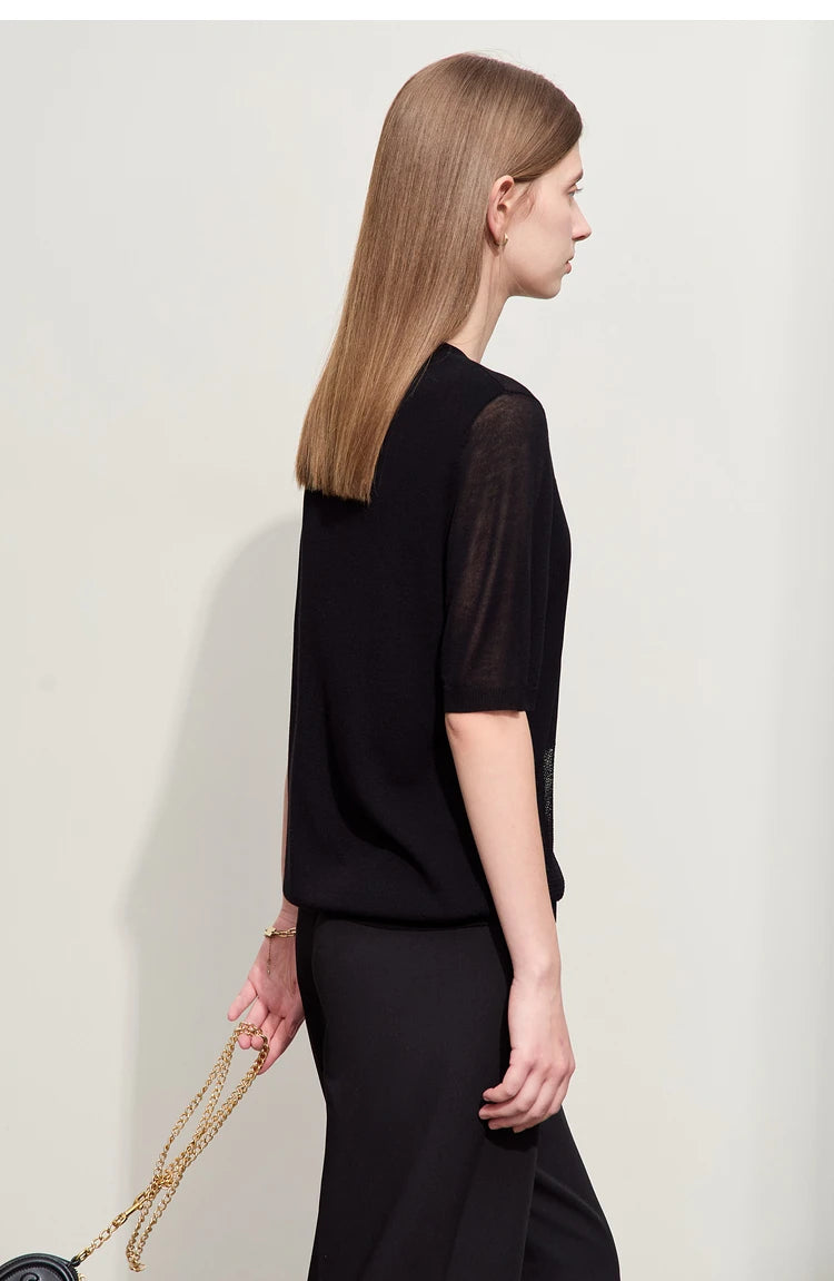 Schwarzer Damen-Strickpullover, kurzarm, O-Ausschnitt, transparente Streifen vorn