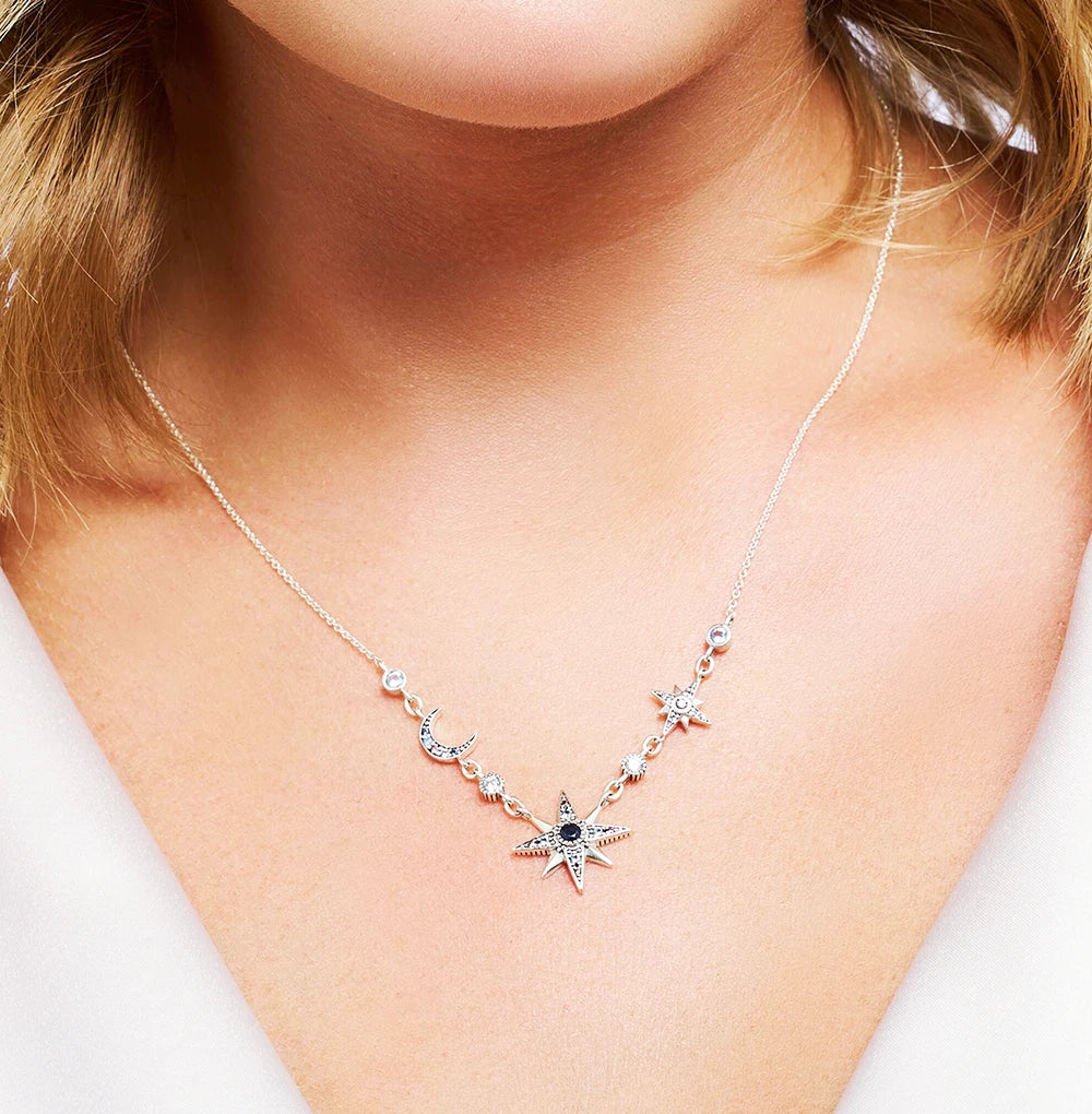 Damen-Halskette Stern und Mond Royalty Gliederkette aus Sterlingsilber