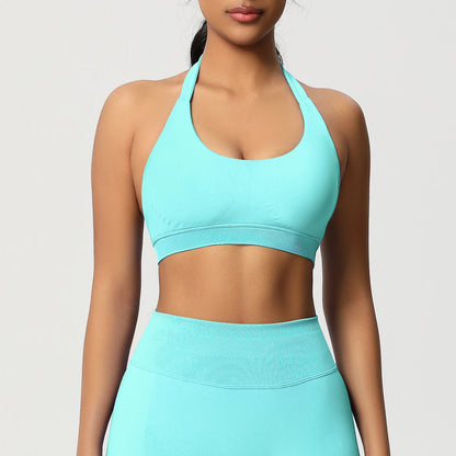 Nahtloser Sport-BH mit Push-up, mintgrün/türkis, Racerback, Rundhalsausschnitt, breiter Bund